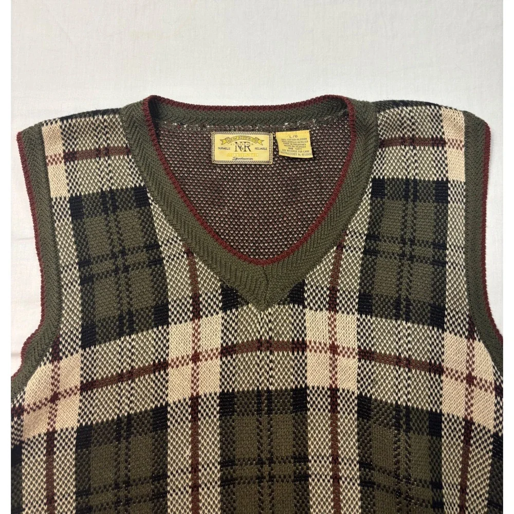 New River Co Vintage Plaid Sweater Vest Mens Large Green Knit Cotton Blend